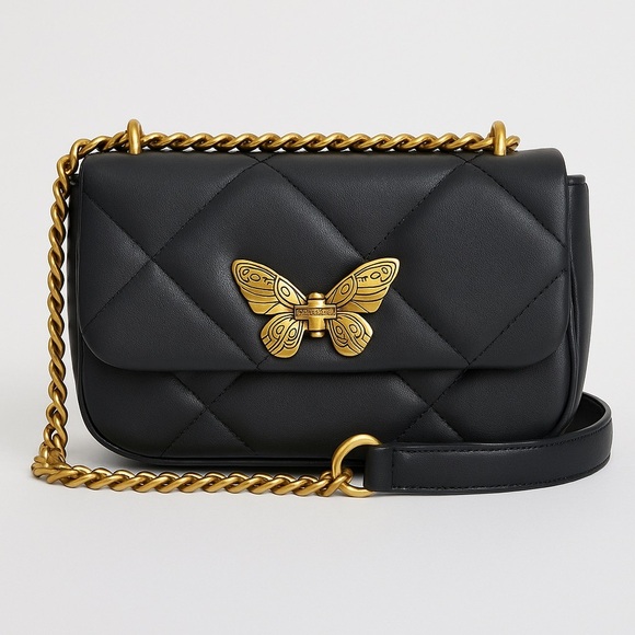 NWT Steve Madden Black Quilted Crossbody, Gold Butterfly Clasp & Floral Interior - Picture 2 of 10